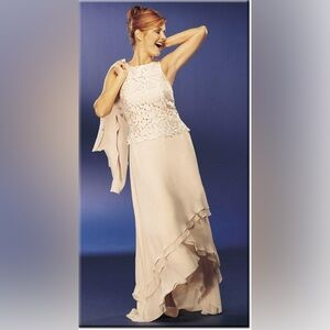 Hebeos Blush Tiered Chiffon Floral  High Neck Formal Evening Gown Size Medium